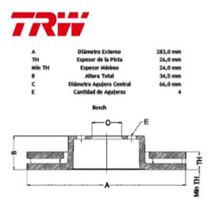 Juego Discos Frenos Delanteros - Citroen: C3 - C4 - C5 - Peugeot: 207 - 307 - 308 - 408 - 2008 - 3008 - Partner - TRW